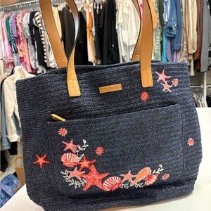 Vera Bradley Navy snd Red Straw Tote with Nautical Design